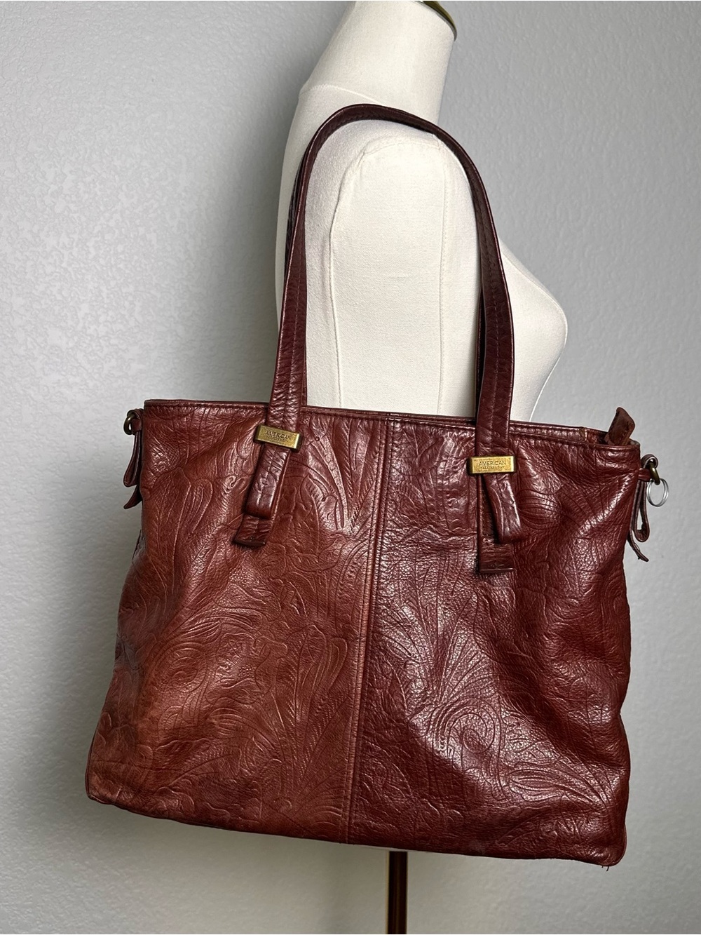 100% Leather Brown Embossed Tote Bag- American Leather Company